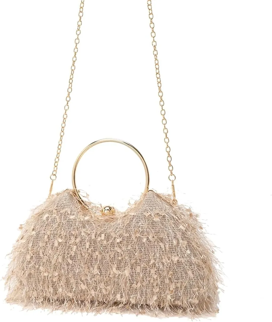 Women Feather Evening Clutch Bag Fluffy Purse Elegant Tote Handbag Vintage Shoulder Crossbody Bag for Wedding