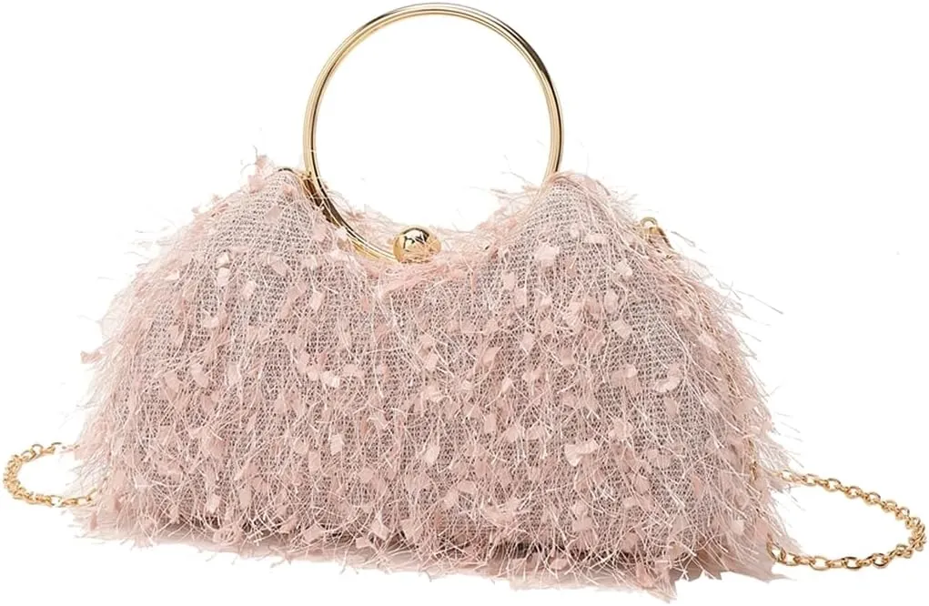Women Feather Evening Clutch Bag Fluffy Purse Elegant Tote Handbag Vintage Shoulder Crossbody Bag for Wedding