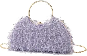 Women Feather Evening Clutch Bag Fluffy Purse Elegant Tote Handbag Vintage Shoulder Crossbody Bag for Wedding