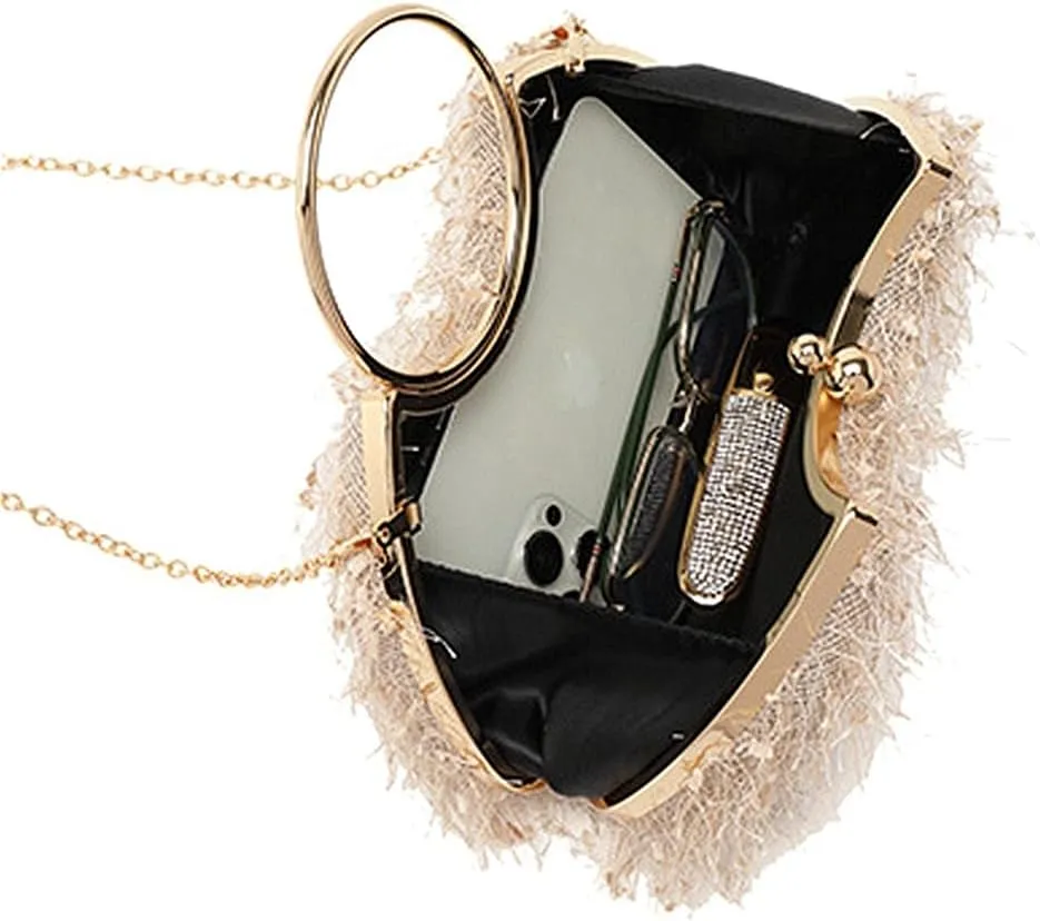 Women Feather Evening Clutch Bag Fluffy Purse Elegant Tote Handbag Vintage Shoulder Crossbody Bag for Wedding