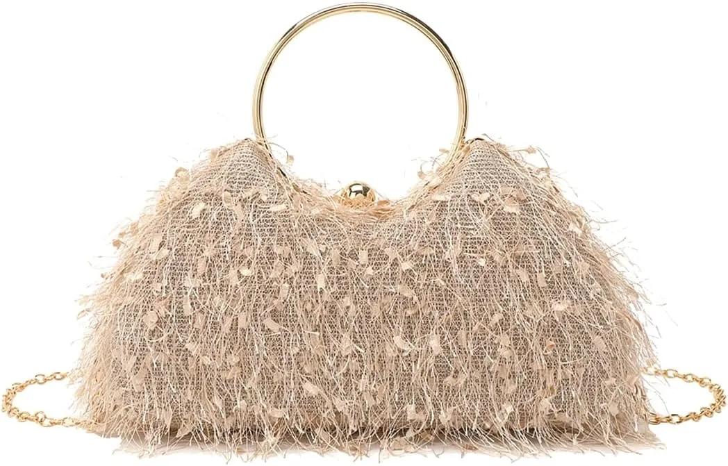 Women Feather Evening Clutch Bag Fluffy Purse Elegant Tote Handbag Vintage Shoulder Crossbody Bag for Wedding