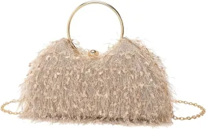Women Feather Evening Clutch Bag Fluffy Purse Elegant Tote Handbag Vintage Shoulder Crossbody Bag for Wedding