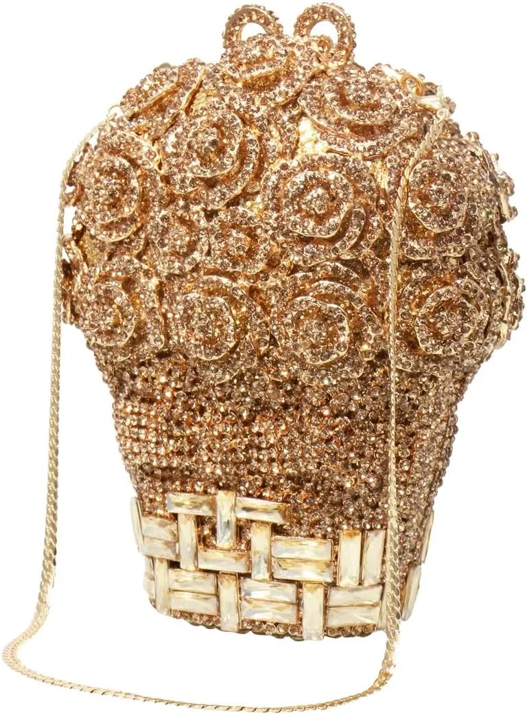 Women Floral Rhinestone Purse Diamond Flower Basket Handbag Unique Crystal Clutch Luxury Wedding Party Evening Bag