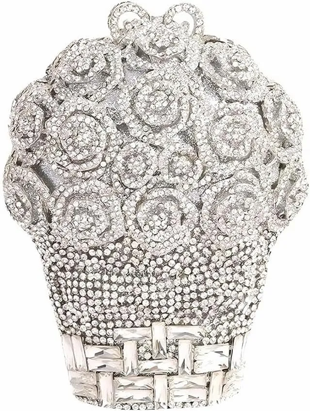 Women Floral Rhinestone Purse Diamond Flower Basket Handbag Unique Crystal Clutch Luxury Wedding Party Evening Bag