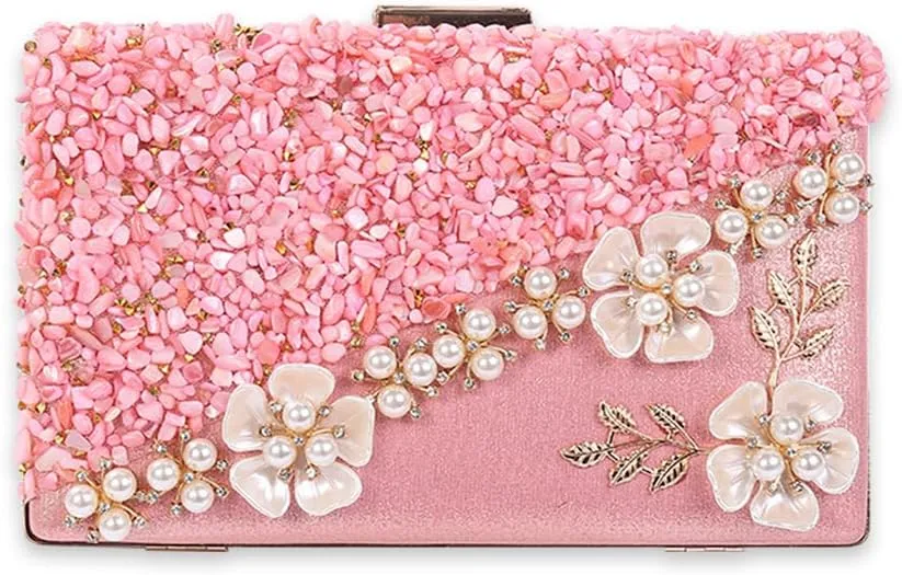 Women Flower Evening Bag Rhinestone Clutch Bag Sparkly Crystal Handbag Pearl Beaded Shoulder Bag Bridal Wedding Purse