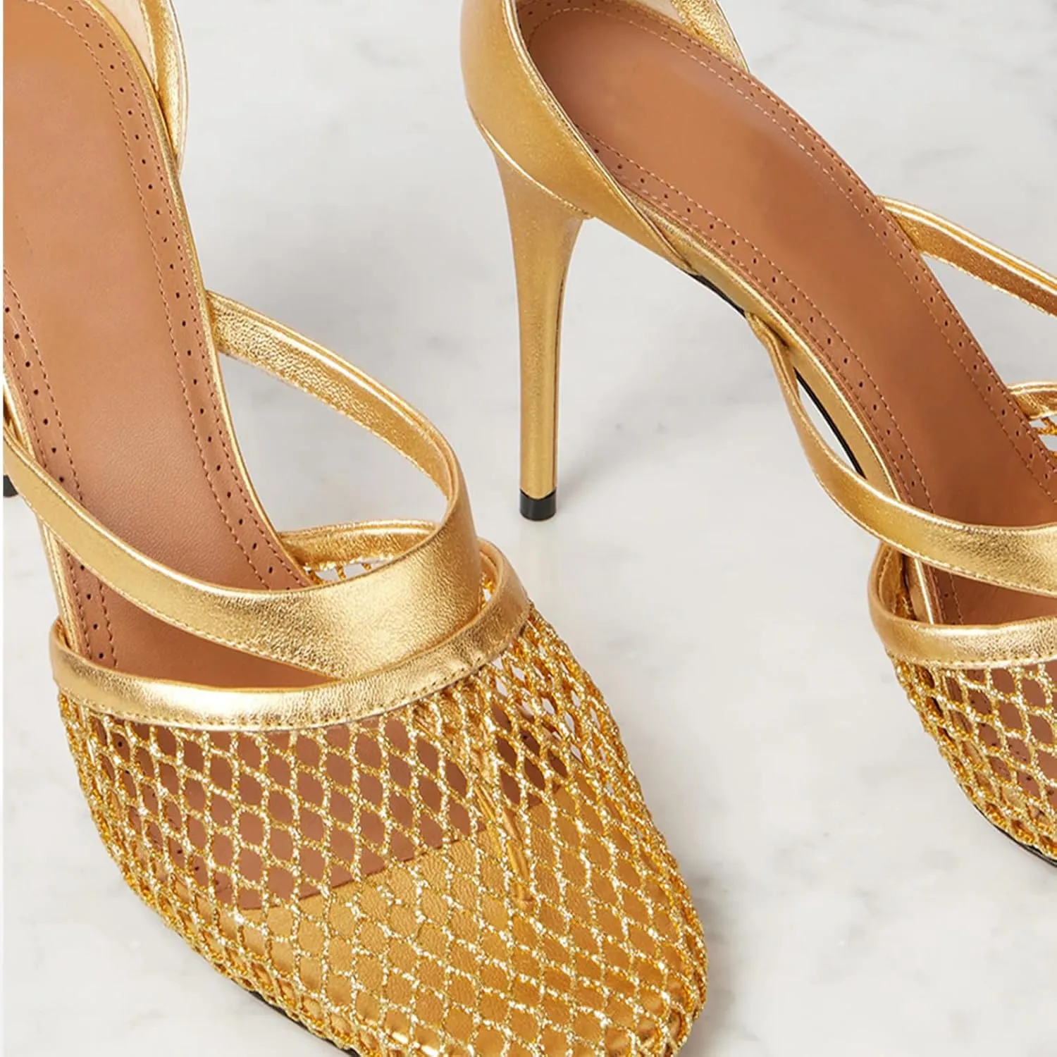 Women Mesh Stiletto Heels Strappy High Heel Sandals Pointed Toe Ankle Strap Dress Shoes for Party Wedding Evening