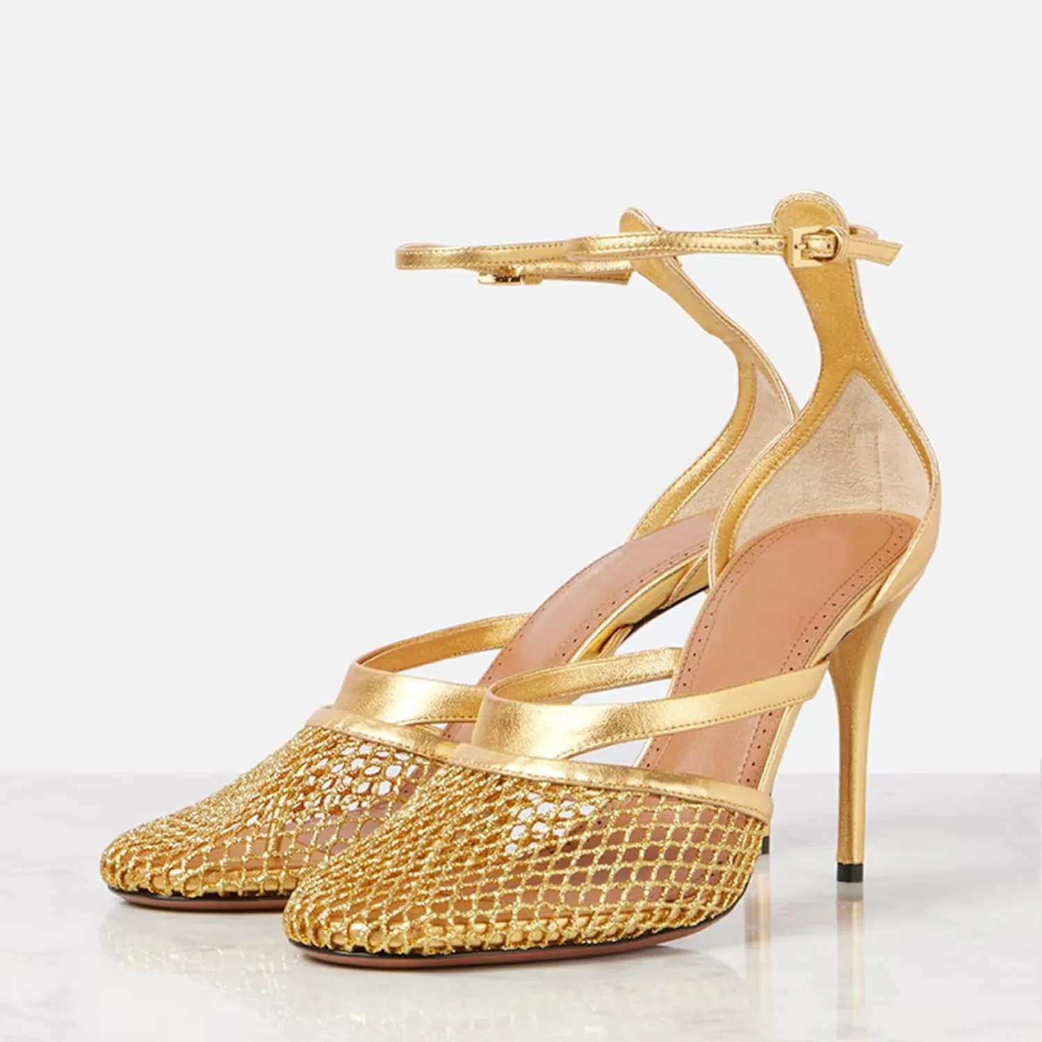 Women Mesh Stiletto Heels Strappy High Heel Sandals Pointed Toe Ankle Strap Dress Shoes for Party Wedding Evening