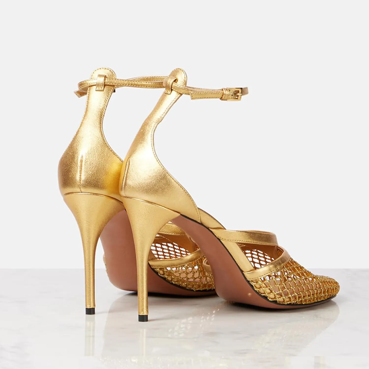 Women Mesh Stiletto Heels Strappy High Heel Sandals Pointed Toe Ankle Strap Dress Shoes for Party Wedding Evening