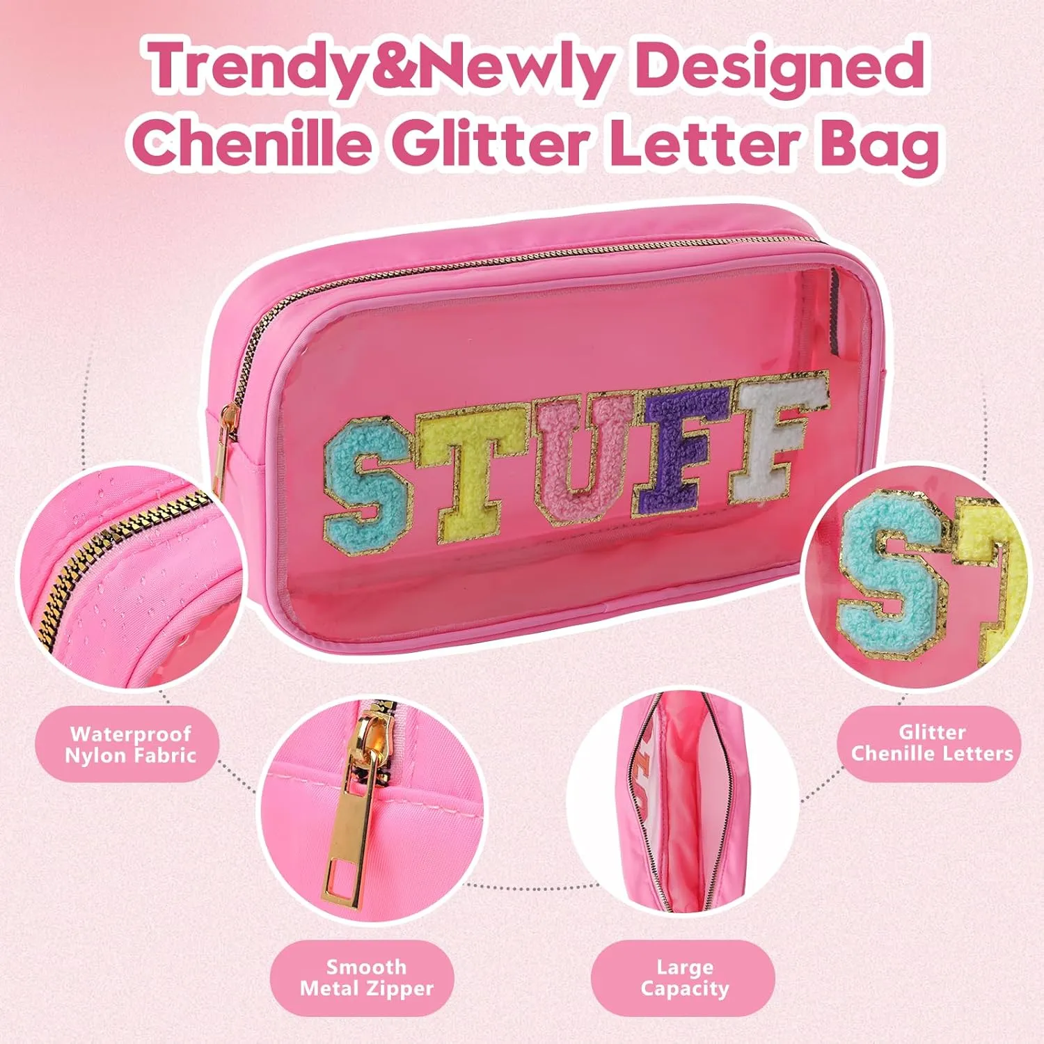 Women Nylon Transparent PVC Makeup Bag with Sewing on BEACH Chenille Letters- Waterproof Visible Cosmetic Organizer for Swimming Pool & Travel, Trendy Toiletry Pouch for Girls (BLUE-BEACH)