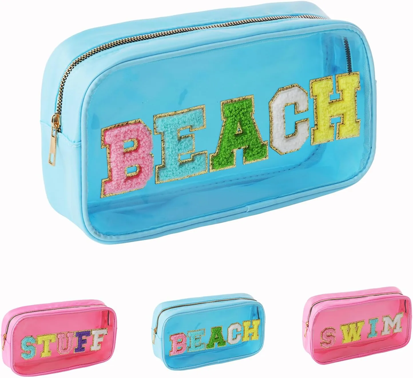 Women Nylon Transparent PVC Makeup Bag with Sewing on BEACH Chenille Letters- Waterproof Visible Cosmetic Organizer for Swimming Pool & Travel, Trendy Toiletry Pouch for Girls (BLUE-BEACH)