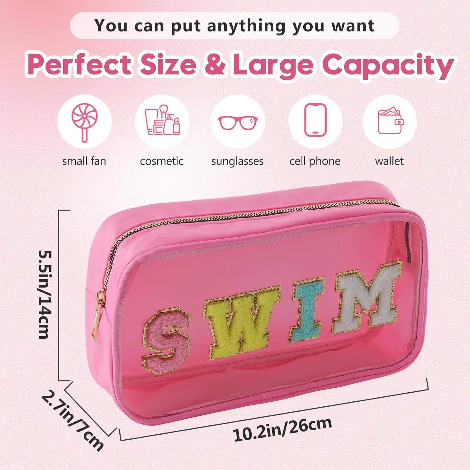 Women Nylon Transparent PVC Makeup Bag with Sewing on BEACH Chenille Letters- Waterproof Visible Cosmetic Organizer for Swimming Pool & Travel, Trendy Toiletry Pouch for Girls (BLUE-BEACH)