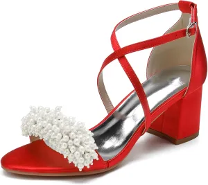 Women Open Toe Chunky Block Heels Beaded Satin Crossover Strappy Wedding Evening Party Sandals