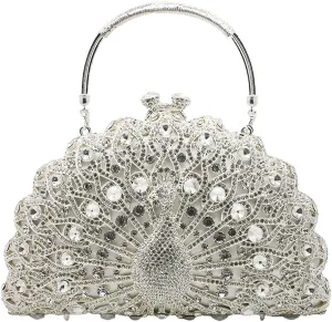 Women Peacock Crystal Clutch Purse Sparkling Rhinestone Handbag Ladies Luxury Evening Bag Wedding Party Purse, Silver