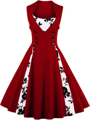 Women Polka Dot Retro Vintage Style Cocktail Party Swing Dress Double Breasted Floral 1950s Dress Patchwork 50s Audrey Dress