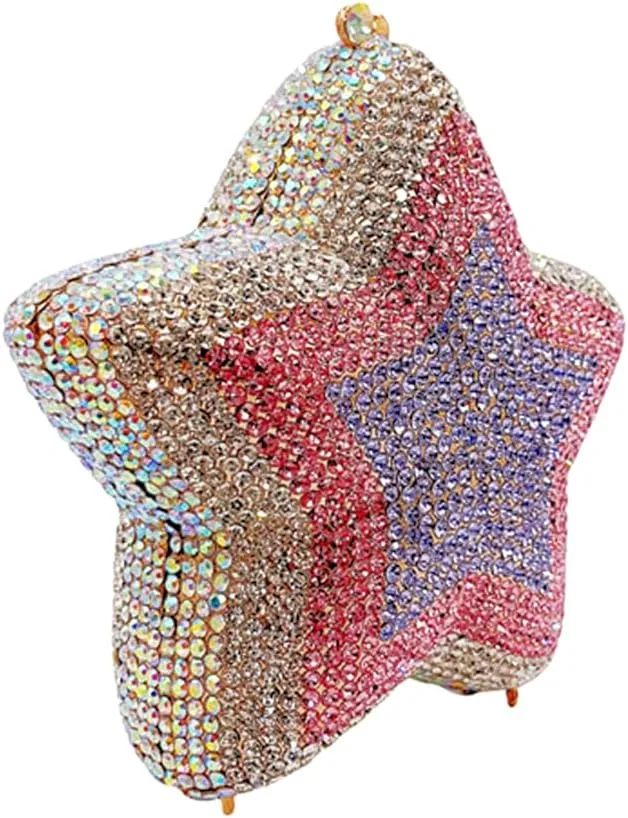 Women Rhinestone Star Shape Clutch Purse Unique Crystal Evening Bag Luxury Chain Handbag for Wedding Cocktail Party