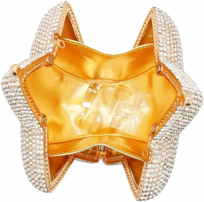 Women Rhinestone Star Shape Clutch Purse Unique Crystal Evening Bag Luxury Chain Handbag for Wedding Cocktail Party