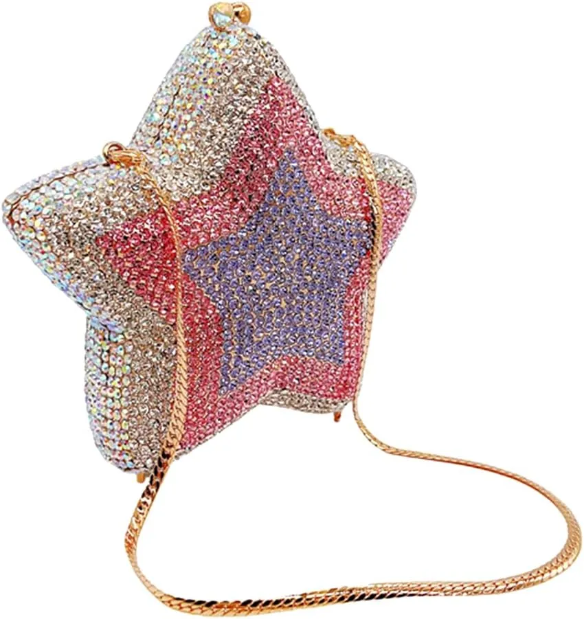 Women Rhinestone Star Shape Clutch Purse Unique Crystal Evening Bag Luxury Chain Handbag for Wedding Cocktail Party