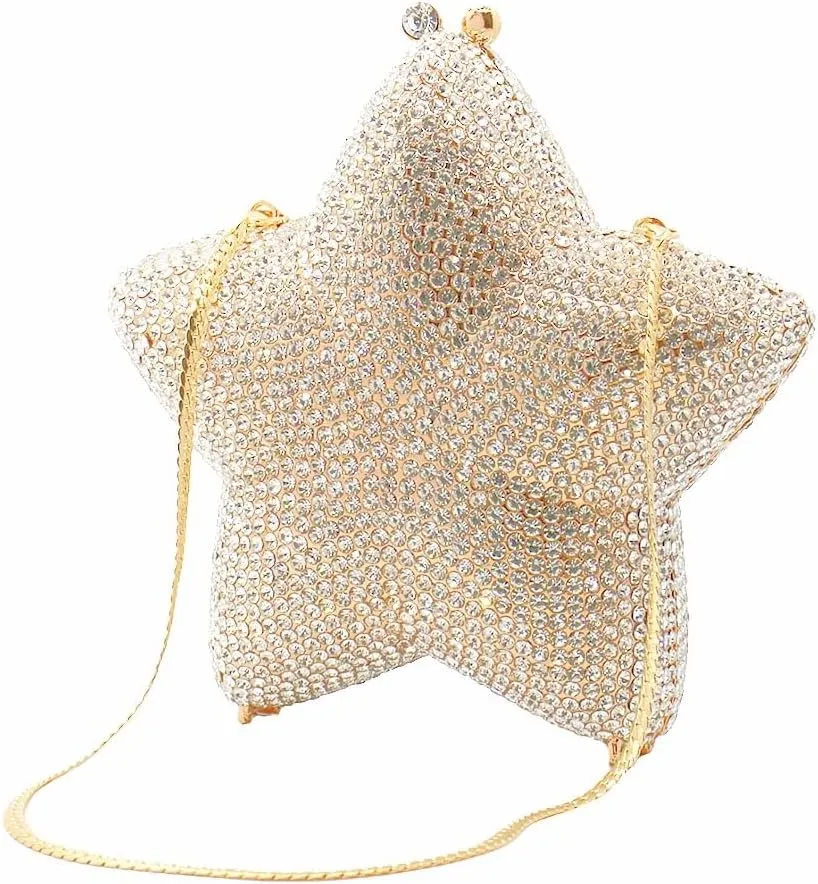 Women Rhinestone Star Shape Clutch Purse Unique Crystal Evening Bag Luxury Chain Handbag for Wedding Cocktail Party