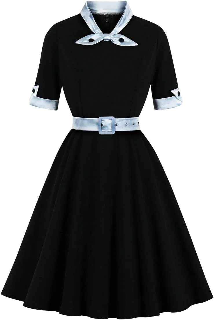 Women Short Sleeve Tie Neck Vintage Cocktail Party Dress Buttons Down 50s Flared A-Line Casual Office Work Prom Swing Dress