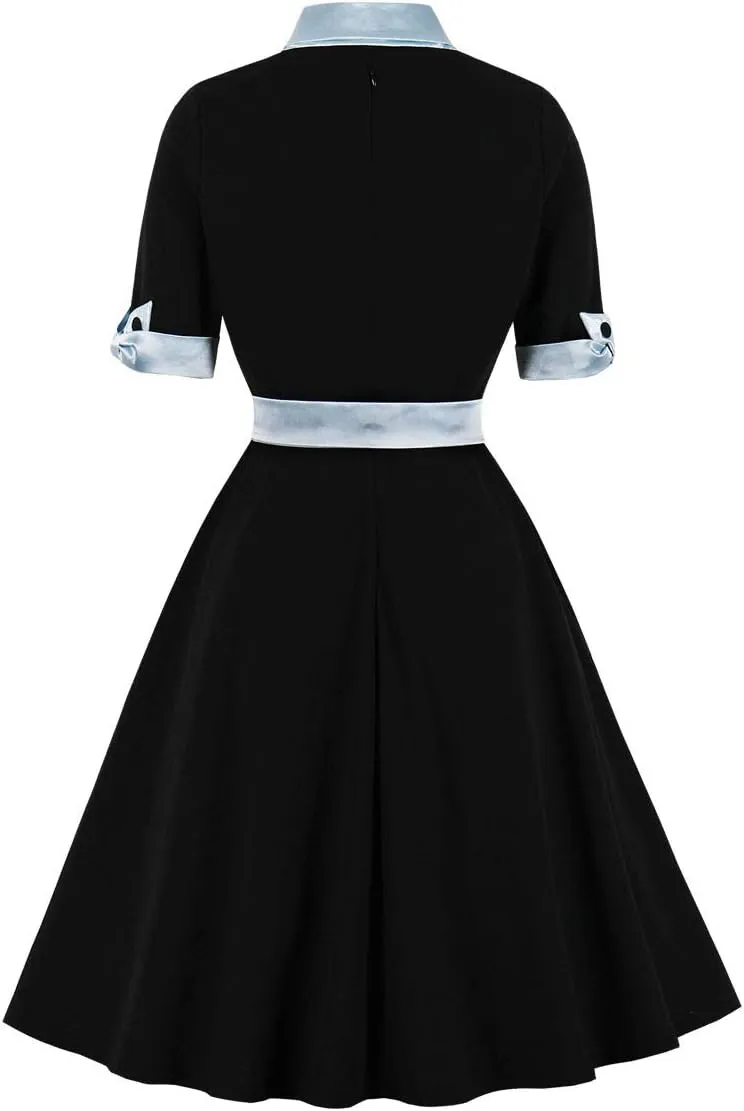 Women Short Sleeve Tie Neck Vintage Cocktail Party Dress Buttons Down 50s Flared A-Line Casual Office Work Prom Swing Dress