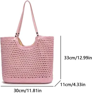 Women Stylish Knit Shoulder Bag Large Capacity Hollowed-Out Bag Wear Resist Seaside Knitting Beach Bag Travel Shoppin
