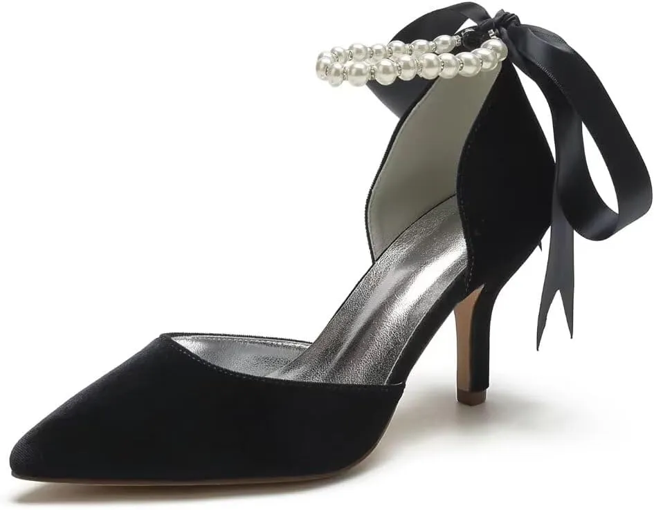 Women Velvet High Heel Shoes Pointed Toe Pearl Wedding Shoes Formal Evening Party Heels