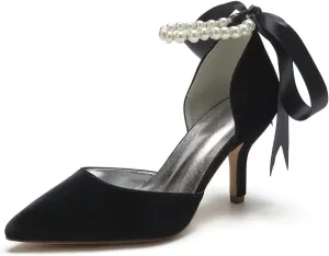 Women Velvet High Heel Shoes Pointed Toe Pearl Wedding Shoes Formal Evening Party Heels