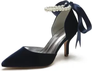 Women Velvet High Heel Shoes Pointed Toe Pearl Wedding Shoes Formal Evening Party Heels