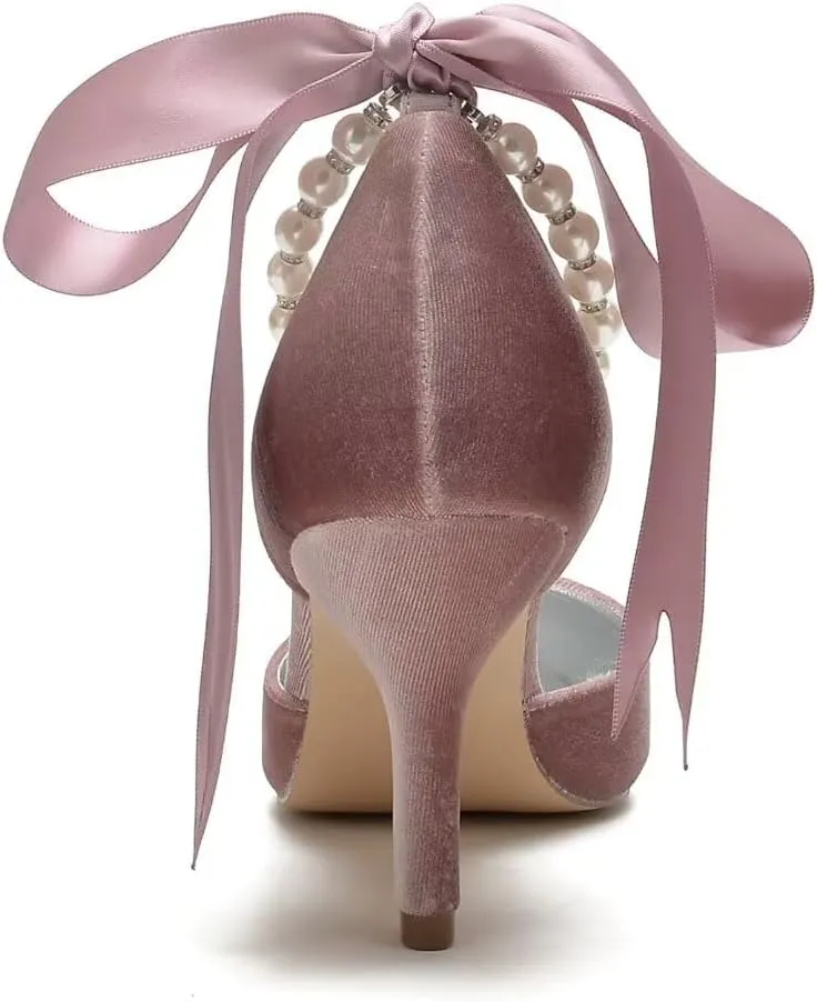 Women Velvet High Heel Shoes Pointed Toe Pearl Wedding Shoes Formal Evening Party Heels