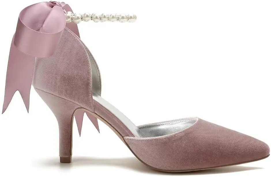 Women Velvet High Heel Shoes Pointed Toe Pearl Wedding Shoes Formal Evening Party Heels