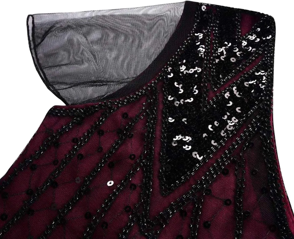 Women Vintage 1920s Gatsby Flapper Evening Party Dress V Neck Art Deco Sequins Mermaid Hem Cocktail Formal Long Maxi Gown