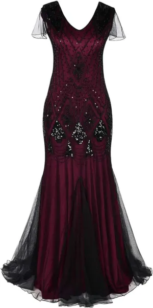 Women Vintage 1920s Gatsby Flapper Evening Party Dress V Neck Art Deco Sequins Mermaid Hem Cocktail Formal Long Maxi Gown