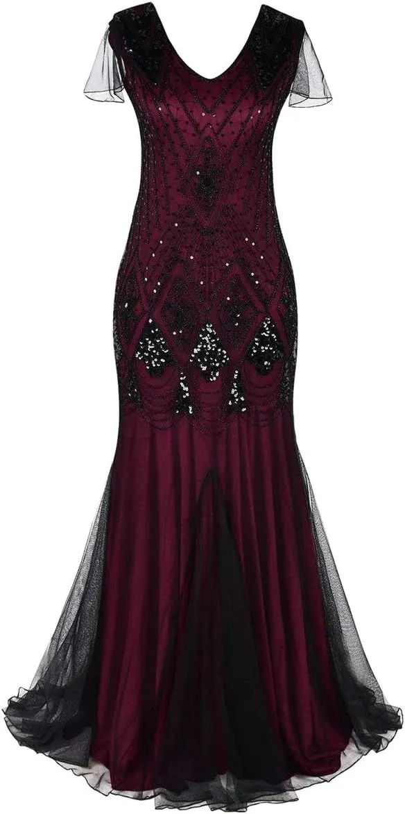 Women Vintage 1920s Gatsby Flapper Evening Party Dress V Neck Art Deco Sequins Mermaid Hem Cocktail Formal Long Maxi Gown