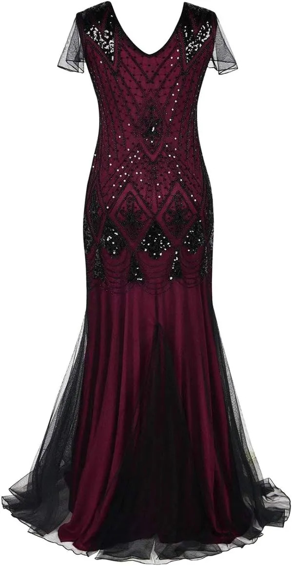 Women Vintage 1920s Gatsby Flapper Evening Party Dress V Neck Art Deco Sequins Mermaid Hem Cocktail Formal Long Maxi Gown