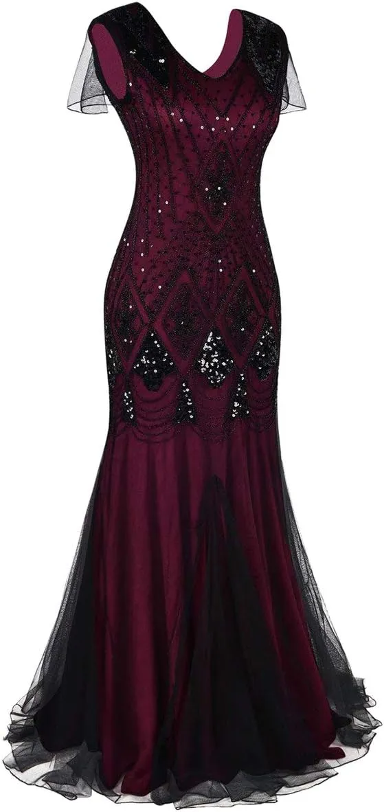 Women Vintage 1920s Gatsby Flapper Evening Party Dress V Neck Art Deco Sequins Mermaid Hem Cocktail Formal Long Maxi Gown