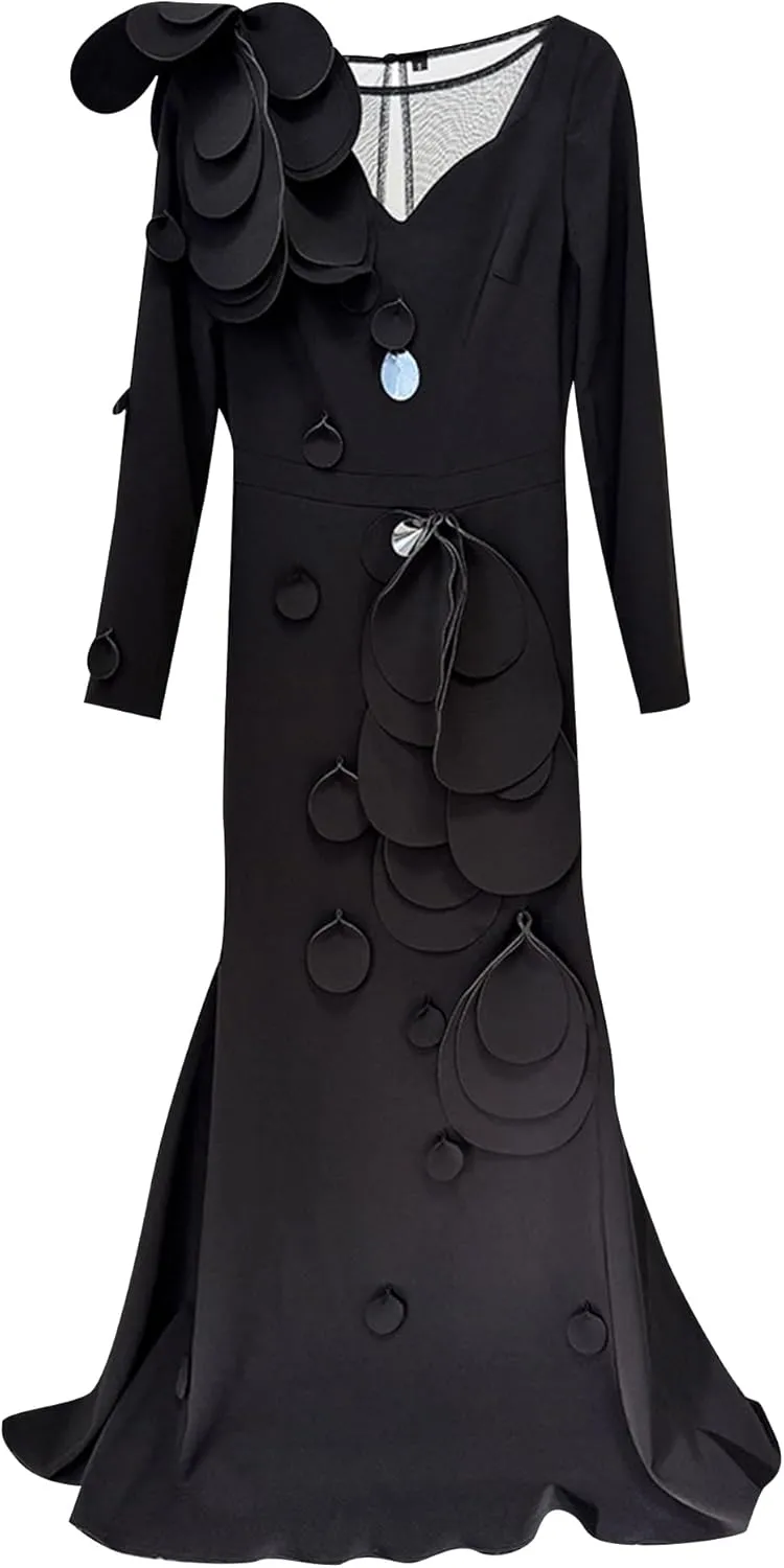 Women's 2025 Designer Dress Long Sleeve 3D Petal Appliques Female Formal Gown Long Maxi Evening Party Dresses