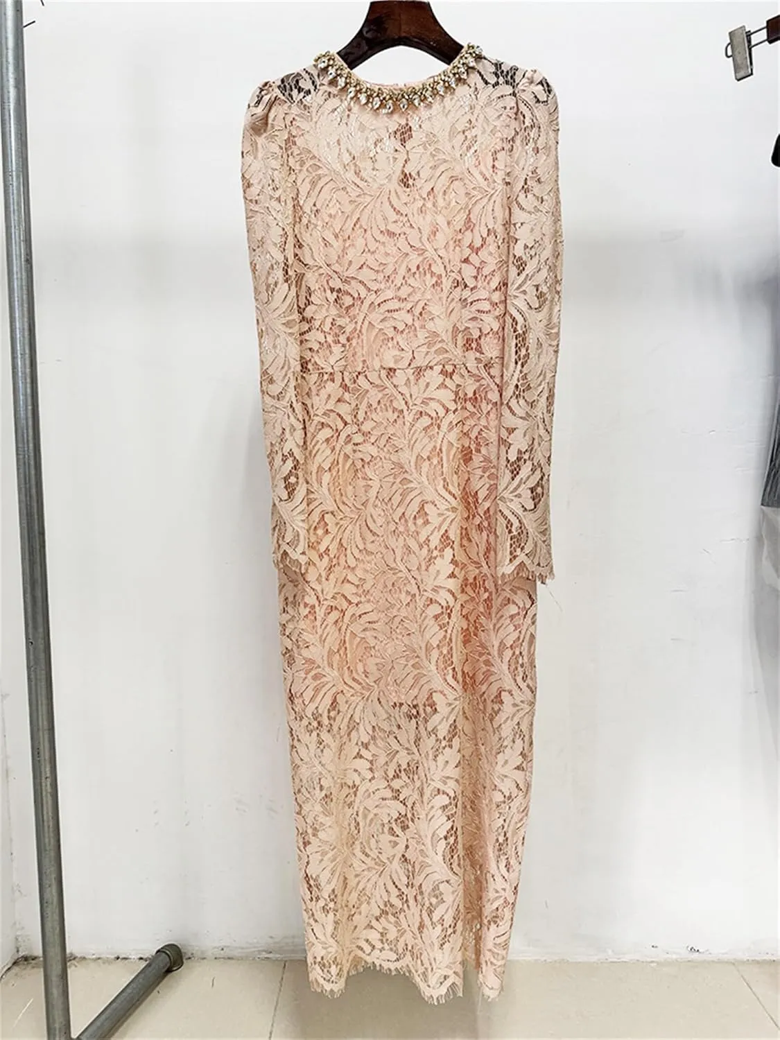 Women's 2025 Designer Lace Dress Beaded Diamond Long Sleeve Round Neck Slim Female Midi Elegant Dresses