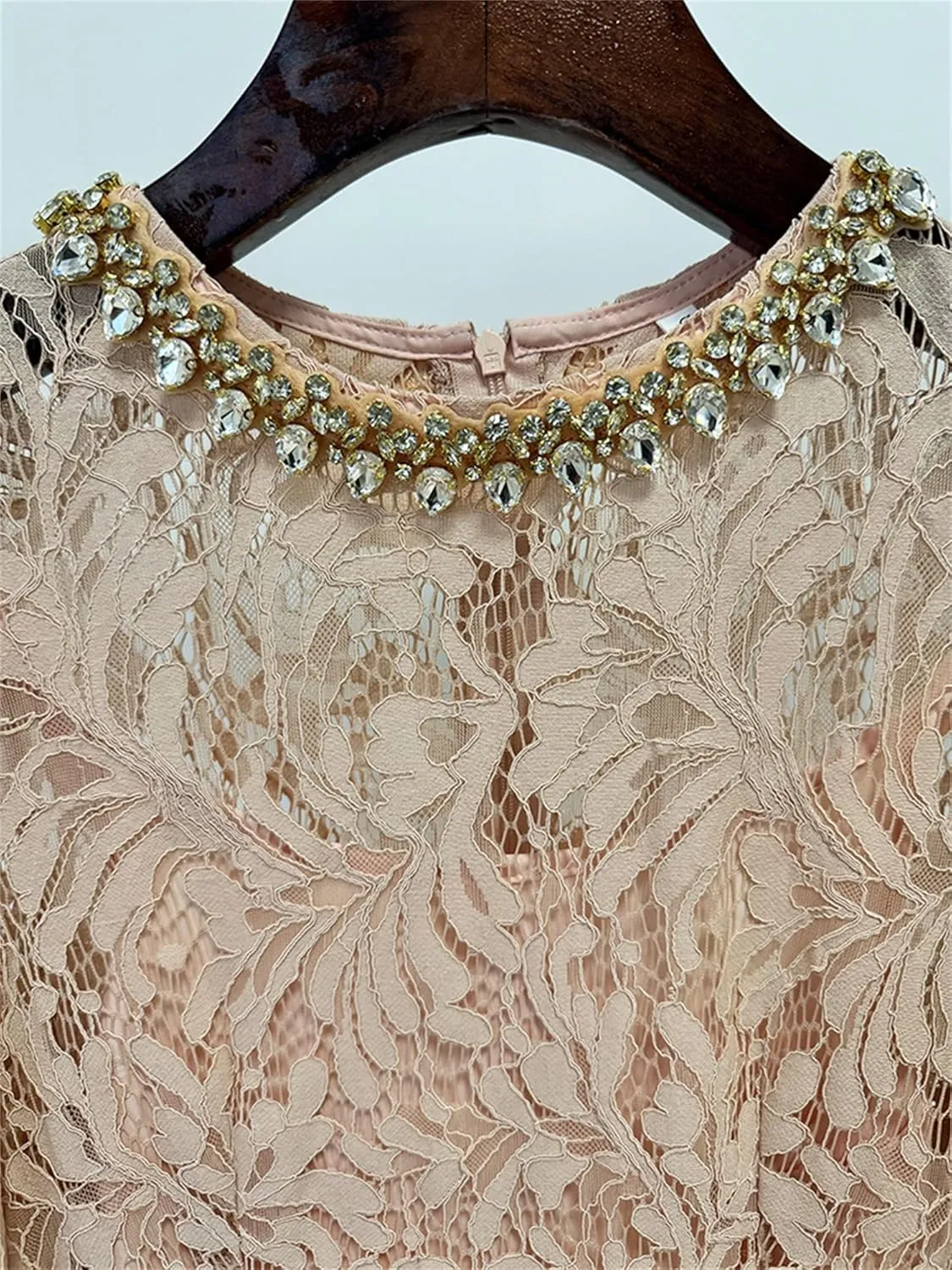 Women's 2025 Designer Lace Dress Beaded Diamond Long Sleeve Round Neck Slim Female Midi Elegant Dresses