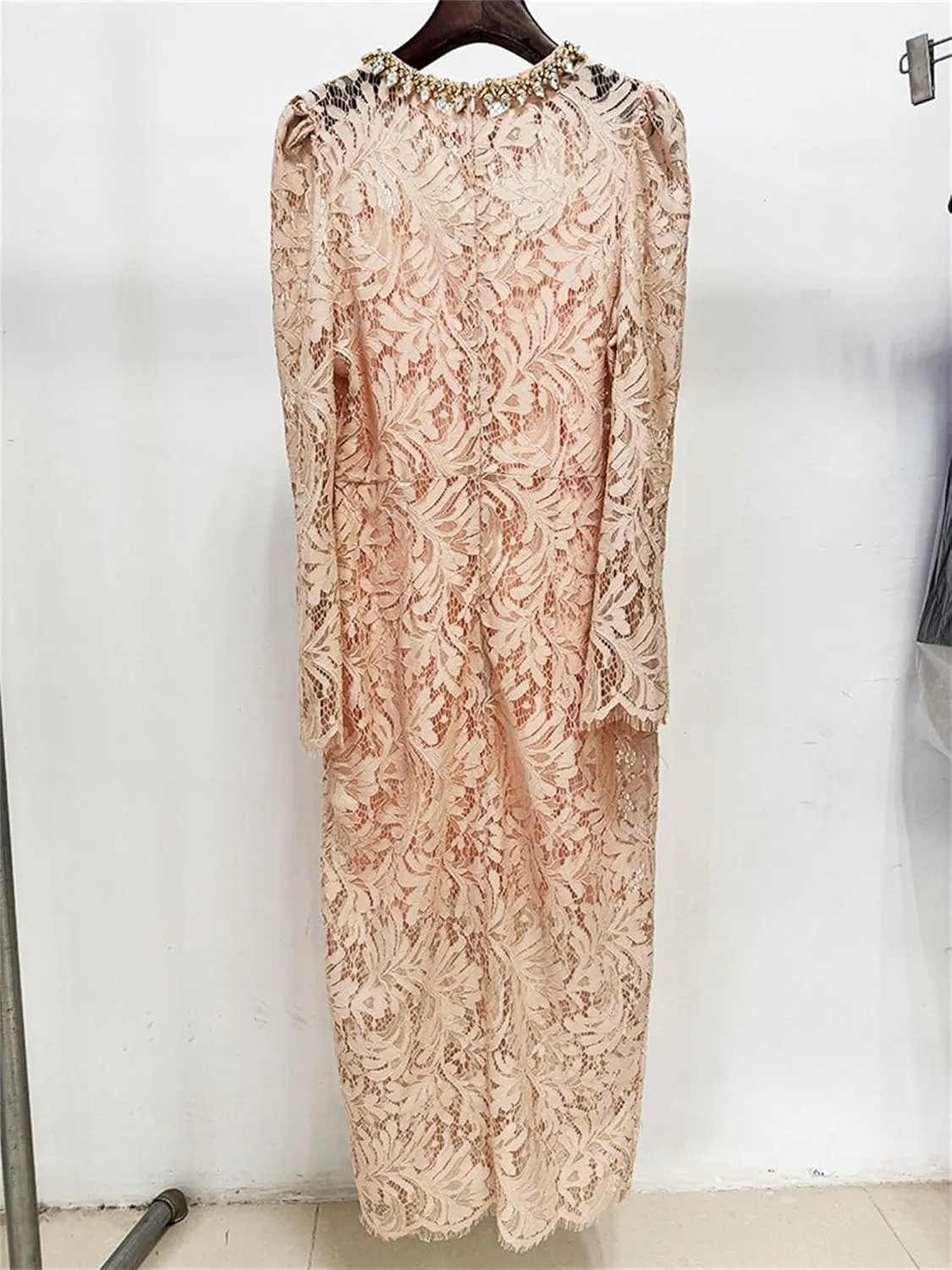 Women's 2025 Designer Lace Dress Beaded Diamond Long Sleeve Round Neck Slim Female Midi Elegant Dresses