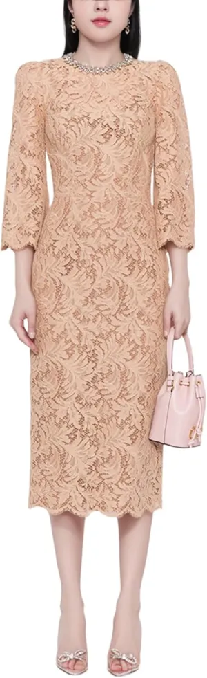 Women's 2025 Designer Lace Dress Beaded Diamond Long Sleeve Round Neck Slim Female Midi Elegant Dresses