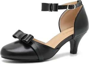 Womens Ankle Strap Bow Kitten Heels Dressy Shoes Comfortable Closed Toe Low Heel Formal Party Dance Prom Pumps