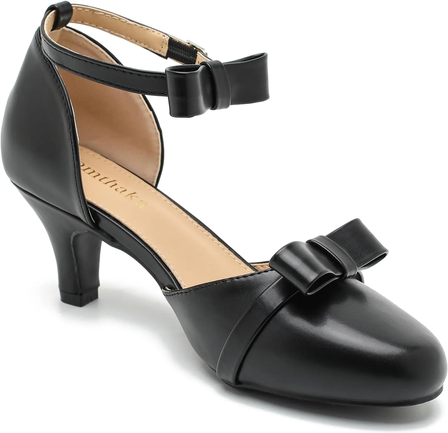 Womens Ankle Strap Bow Kitten Heels Dressy Shoes Comfortable Closed Toe Low Heel Formal Party Dance Prom Pumps