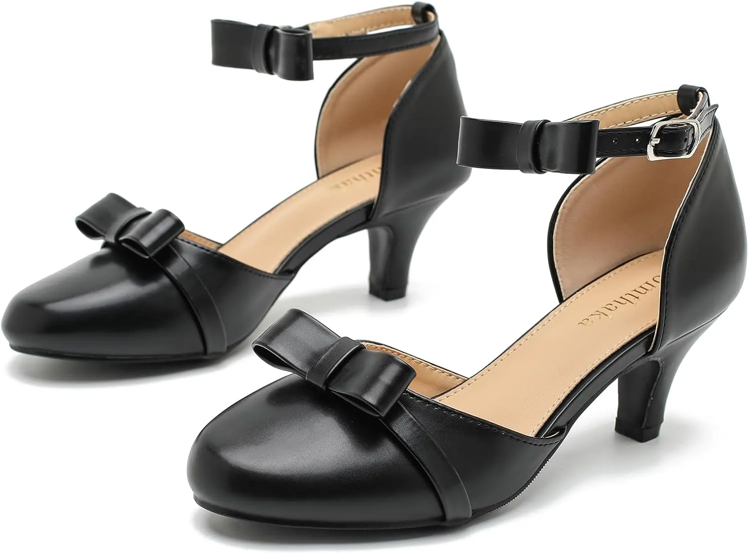 Womens Ankle Strap Bow Kitten Heels Dressy Shoes Comfortable Closed Toe Low Heel Formal Party Dance Prom Pumps