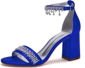 Women's Beaded Crystal Wedding Sandals for Bride Block Heels Satin Bridal Shoes Formal Evening Prom Party Shoes