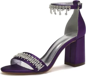Women's Beaded Crystal Wedding Sandals for Bride Block Heels Satin Bridal Shoes Formal Evening Prom Party Shoes