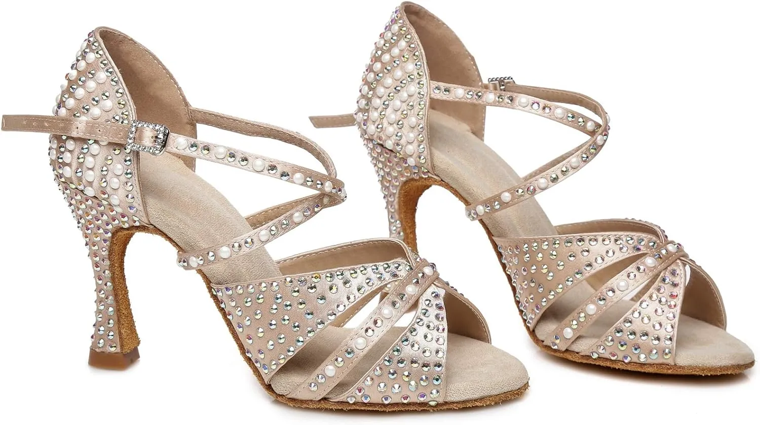 Womens Beaded Latin Salsa Dancing Shoes Ankle Strap Wedding Evening Sandals