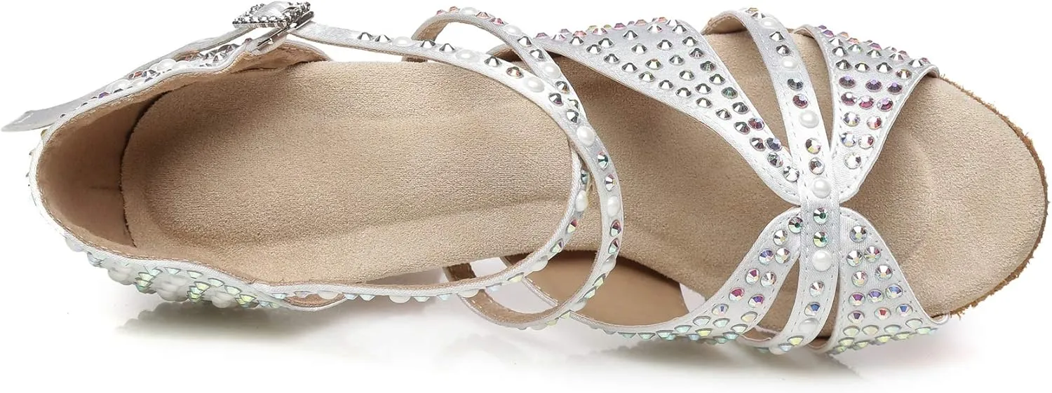 Womens Beaded Latin Salsa Dancing Shoes Ankle Strap Wedding Evening Sandals
