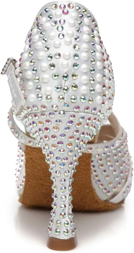 Womens Beaded Latin Salsa Dancing Shoes Ankle Strap Wedding Evening Sandals