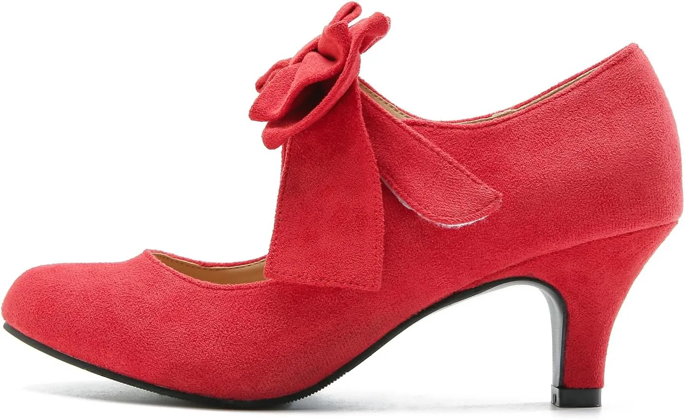 Women's Bow Mary Jane Kitten Heel Round Toe Low Heels Ankle Strap Dress Evening Party Pumps