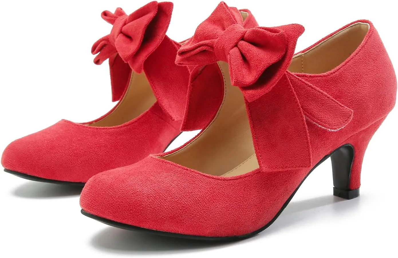 Women's Bow Mary Jane Kitten Heel Round Toe Low Heels Ankle Strap Dress Evening Party Pumps